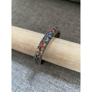 Silver Enamel Red Blue Green Hinged Cuff Bracelet